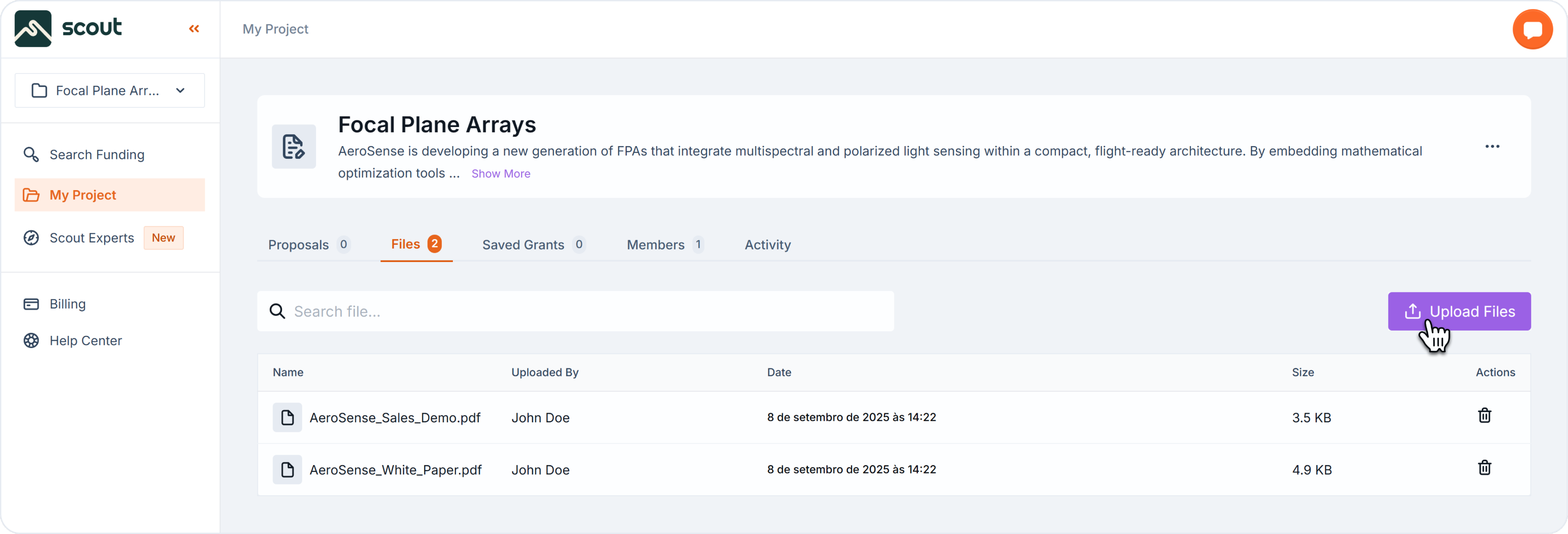Files tab of a project with cursor hovering over the 'Upload Files' button.