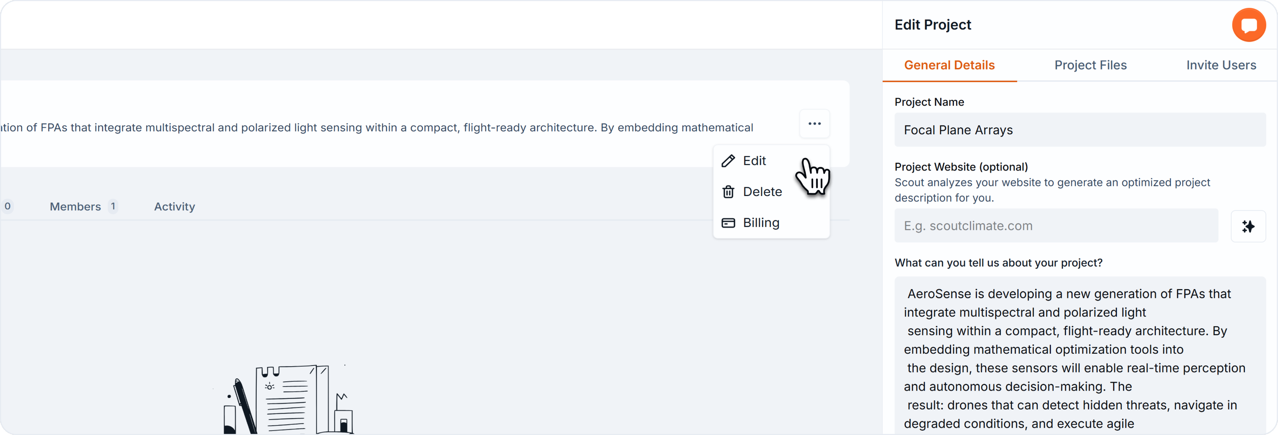 Cursor hovering over 'Edit' in the project options menu, with the Edit Project drawer open showing fields for project name, website, and description.