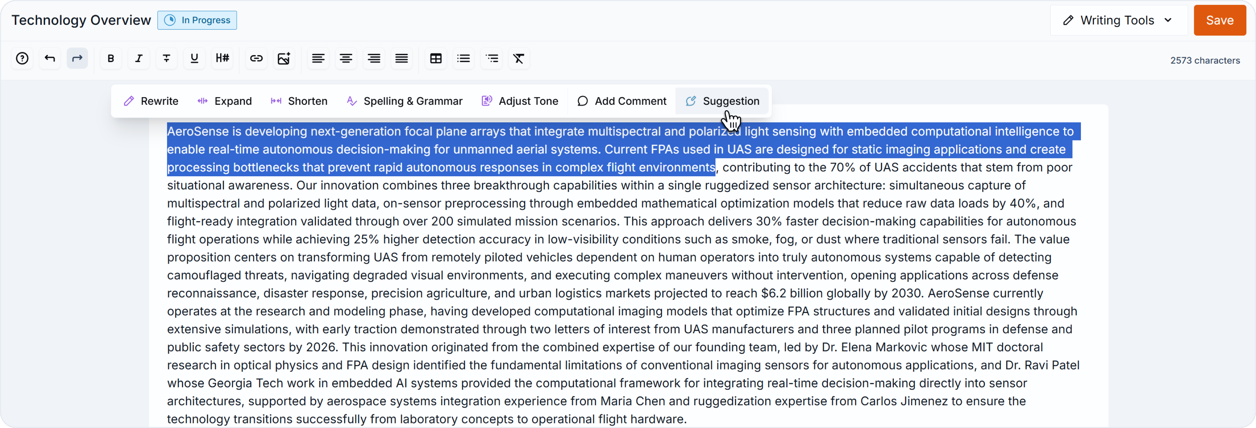Text editor with a paragraph highlighted and the Suggestion tool selected from the writing toolbar.