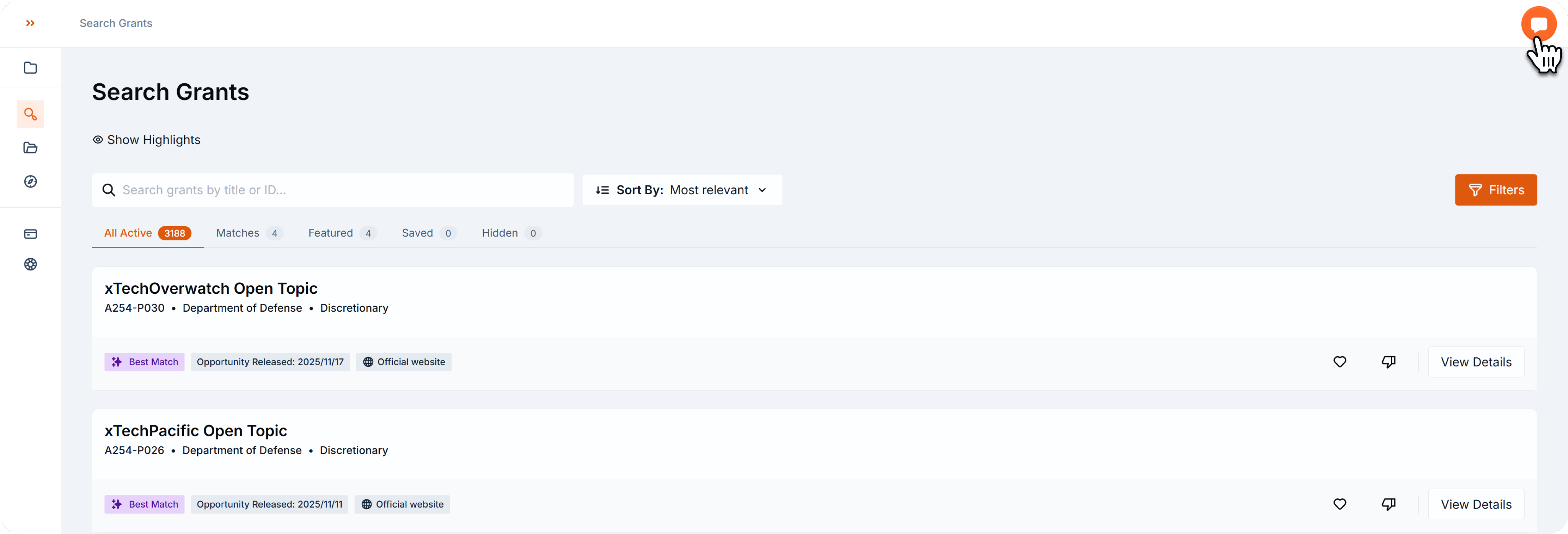 Search Grants page with the cursor hovering over the orange chat bubble in the top-right corner, which opens the expert advisor panel.