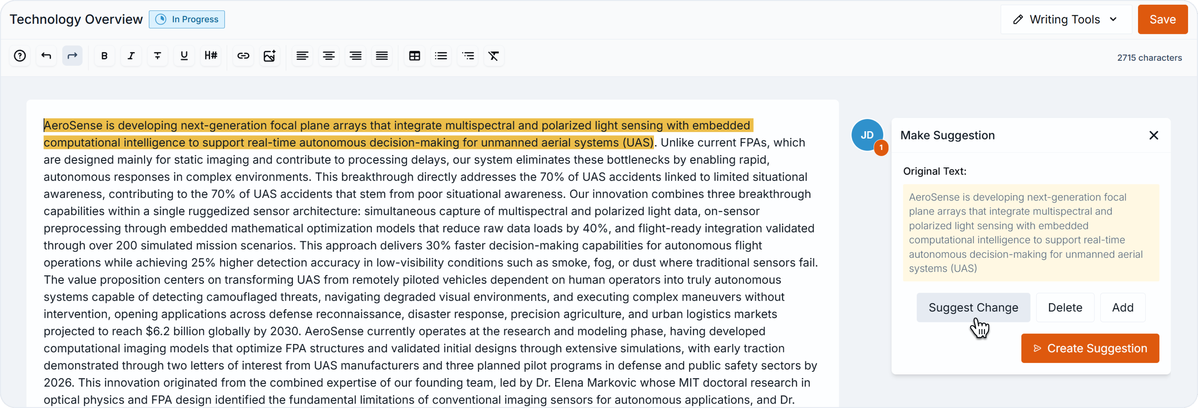 Text editor with highlighted paragraph and the Make Suggestion panel open, cursor hovering over the 'Suggest Change' button.