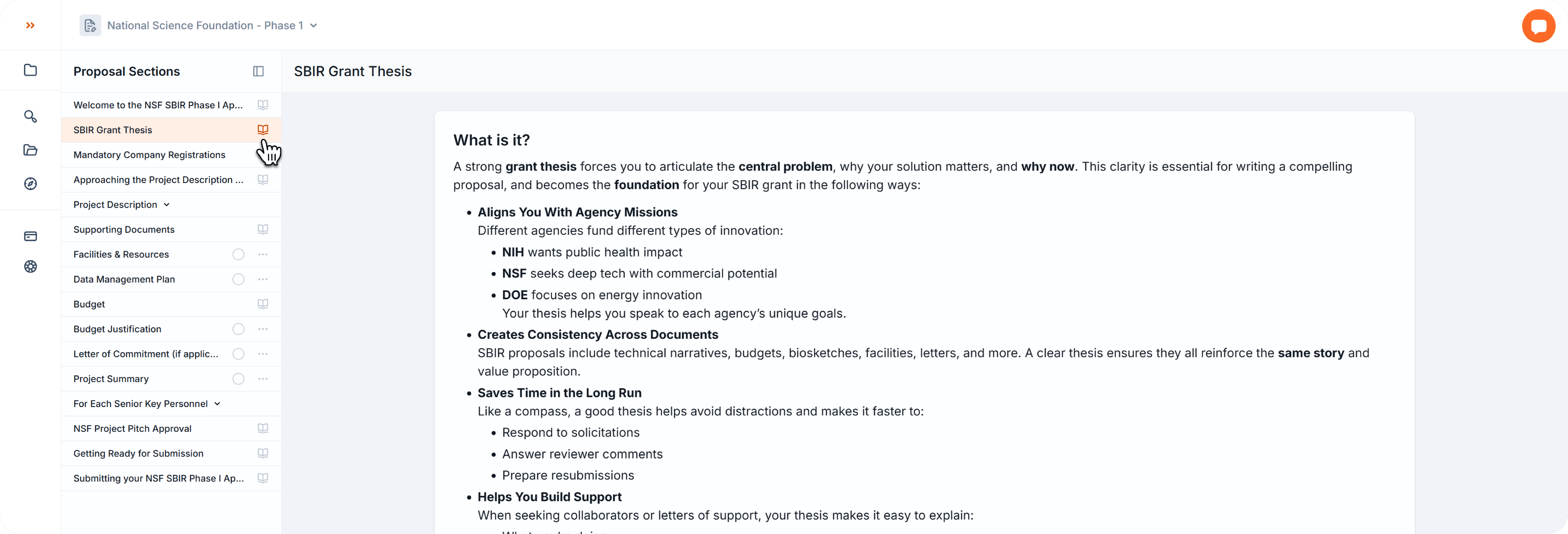 Proposal editor showing a read-only section marked with a book icon, containing guidance text about the grant and instructions on how to write it.