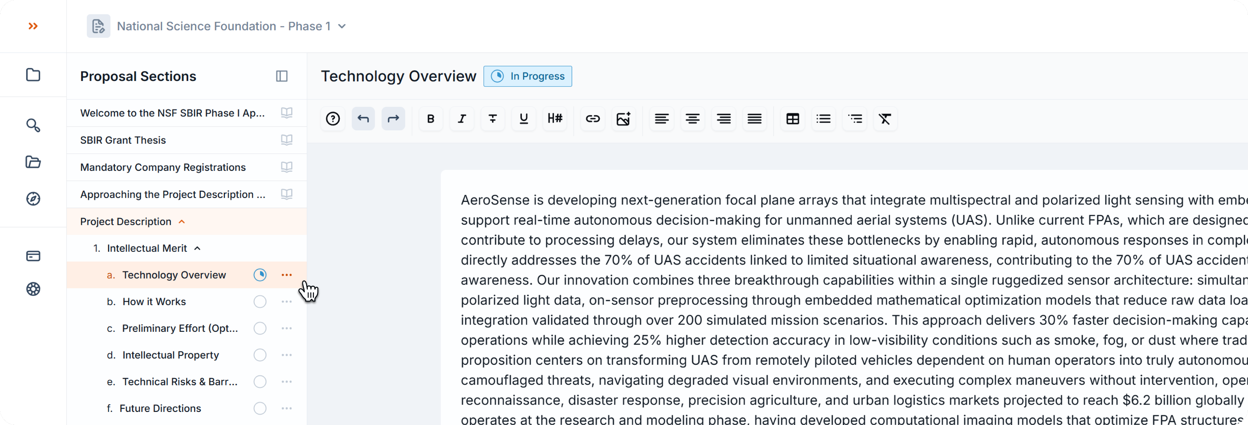 Proposal editor showing the Proposal Sections panel on the left, with the cursor hovering over the Technology Overview section. The section is marked as a writing section with a circle and three-dots icon.