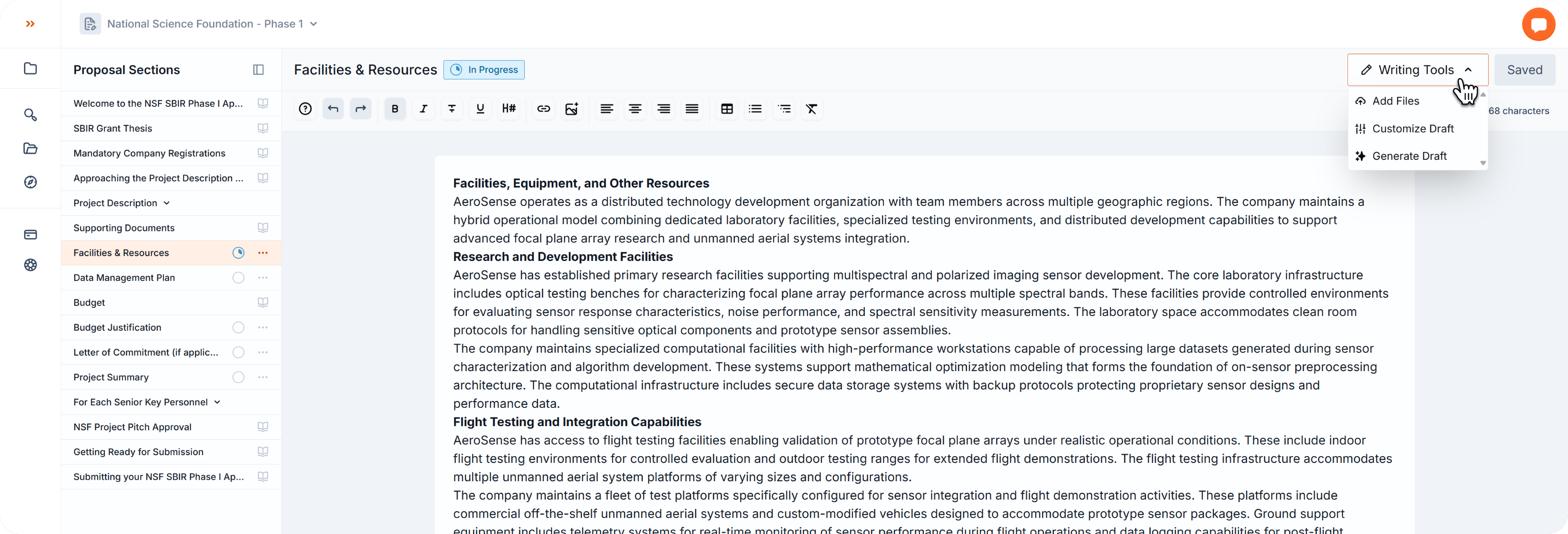 Text editor with a paragraph highlighted and the Suggestion tool selected from the writing toolbar.