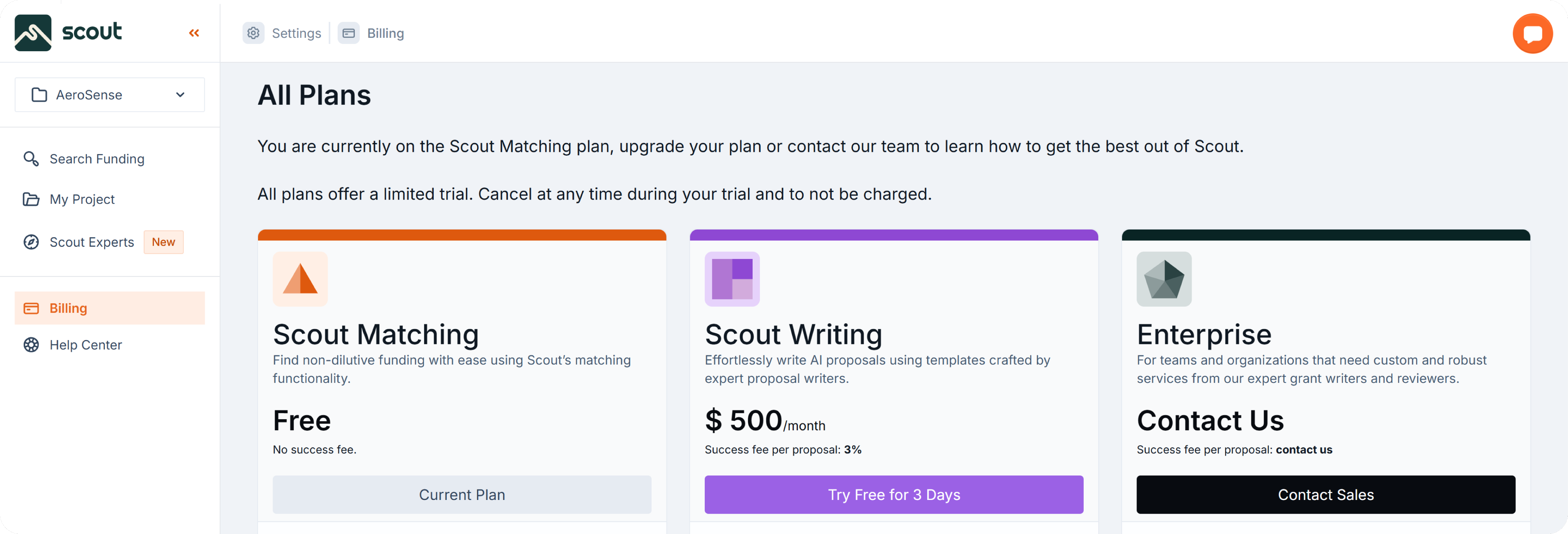 Billing page showing Scout subscription plans. Three options are visible: Scout Matching (Free), Scout Writing ($500/month with 3-day free trial), and Enterprise (Contact Us). The current plan is highlighted under Scout Matching.