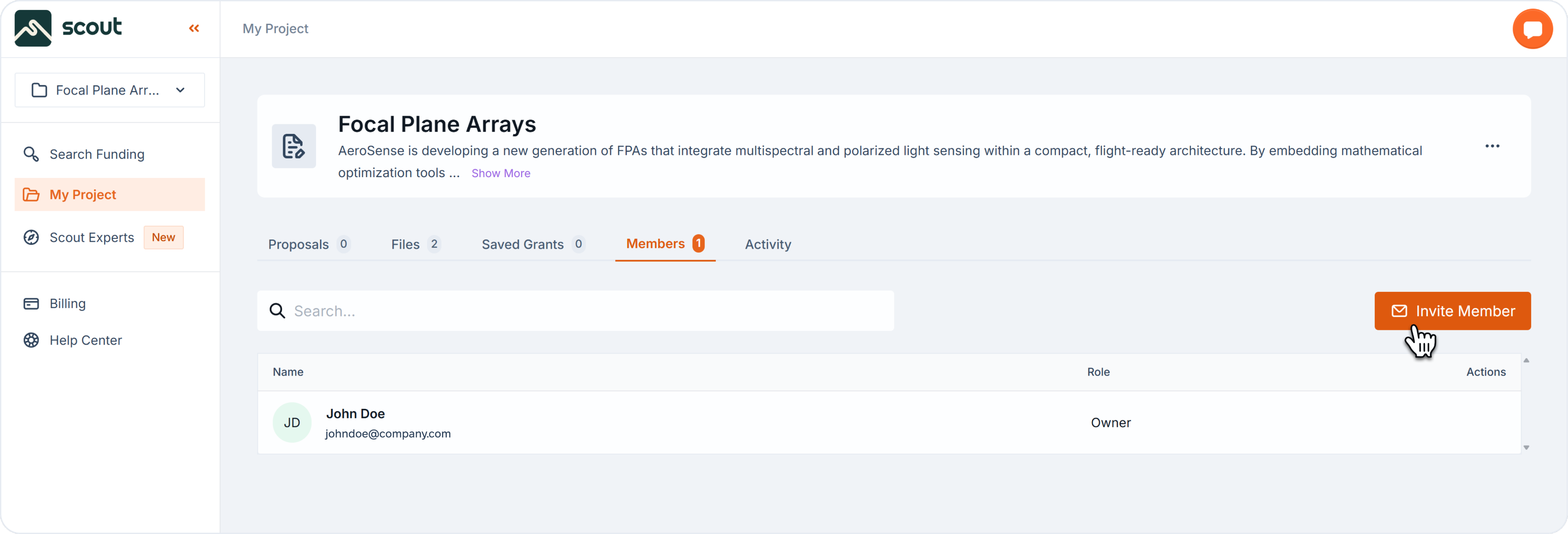 Members tab of a project with cursor hovering over the 'Invite Member' button.