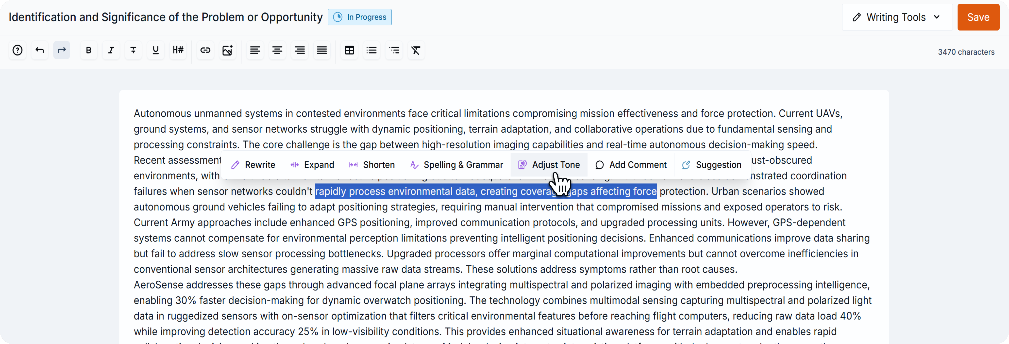 Proposal editor with a highlighted sentence in the text. A floating toolbar appears above the selection with AI actions: Rewrite, Expand, Shorten, Spelling & Grammar, Adjust Tone, Add Comment, and Suggestion. The cursor hovers over Adjust Tone.