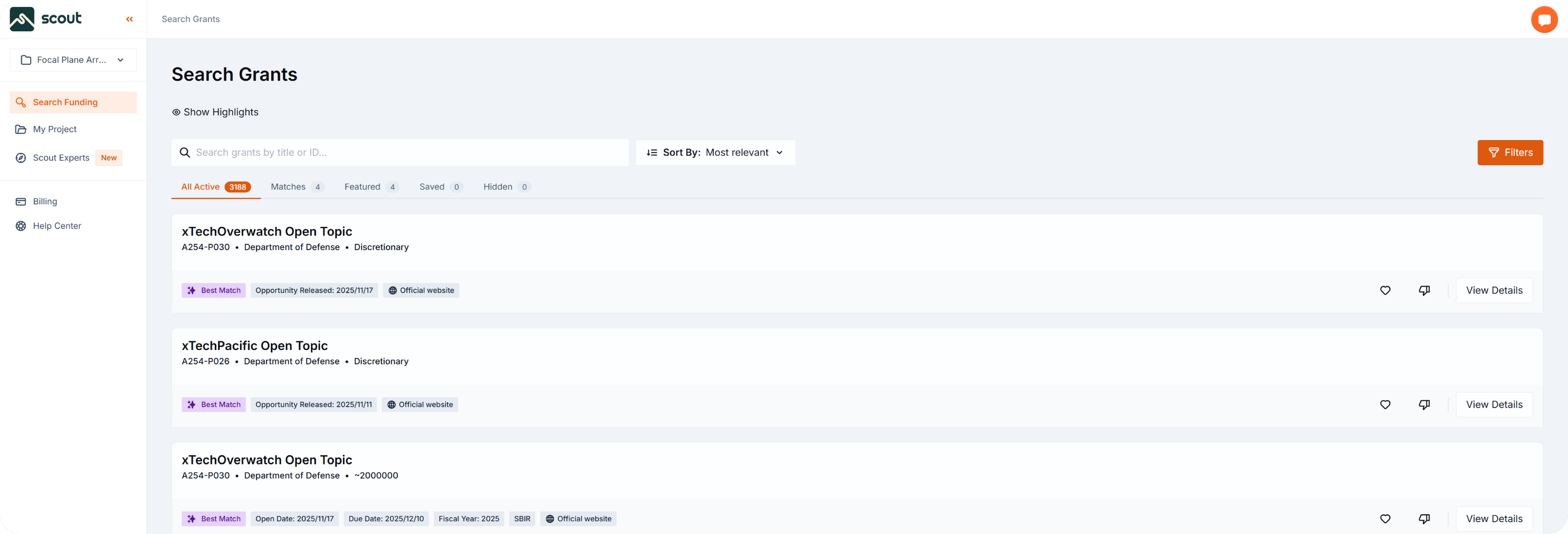 Search Grants page with the left navigation menu highlighted on Search Funding. The page shows a list of active grant opportunities with filters and sort options.