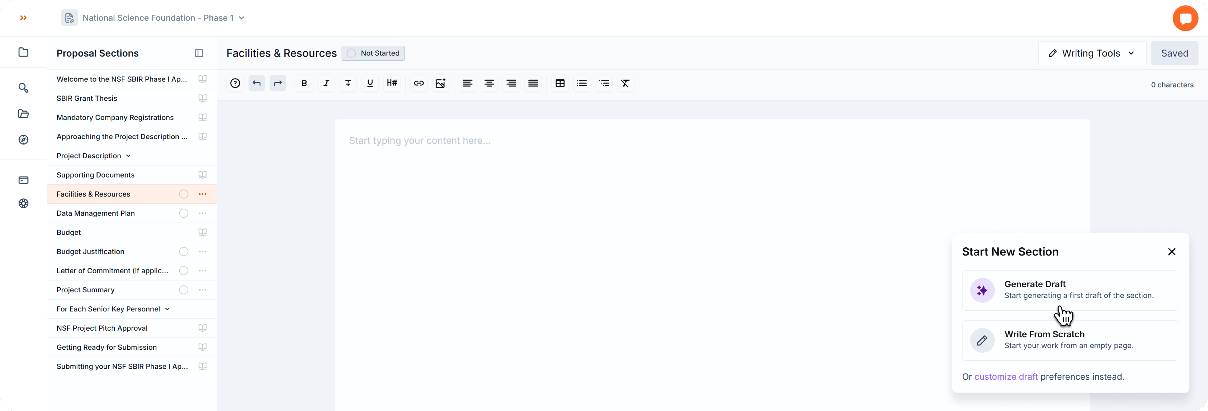 Proposal editor with a Not Started section open. A Start New Section popup appears in the bottom-right corner with options to generate a draft, write from scratch, or customize preferences. Cursor is hovering over Generate Draft.