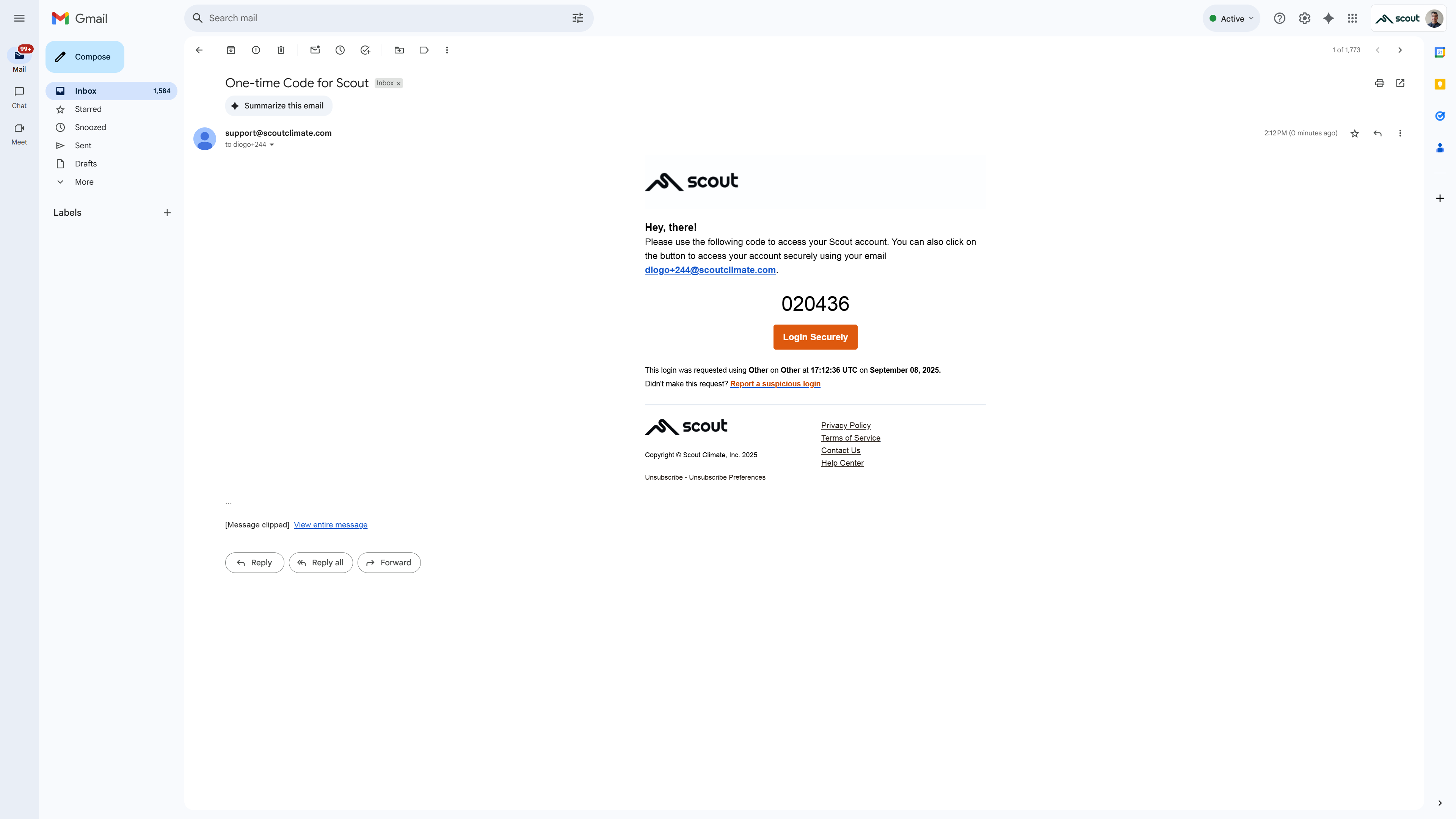 Verification email from Scout with a one-time code and a button to log in securely.