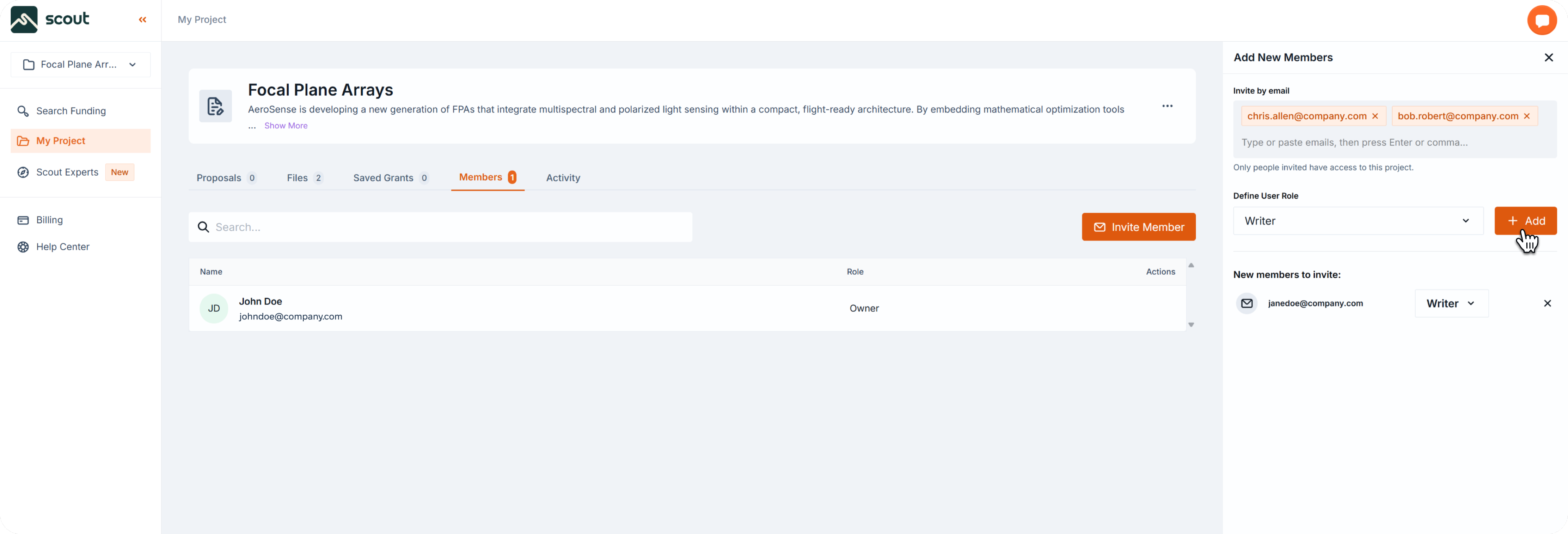 Add New Members drawer open with cursor hovering over the 'Add' button after entering emails and selecting a role.
