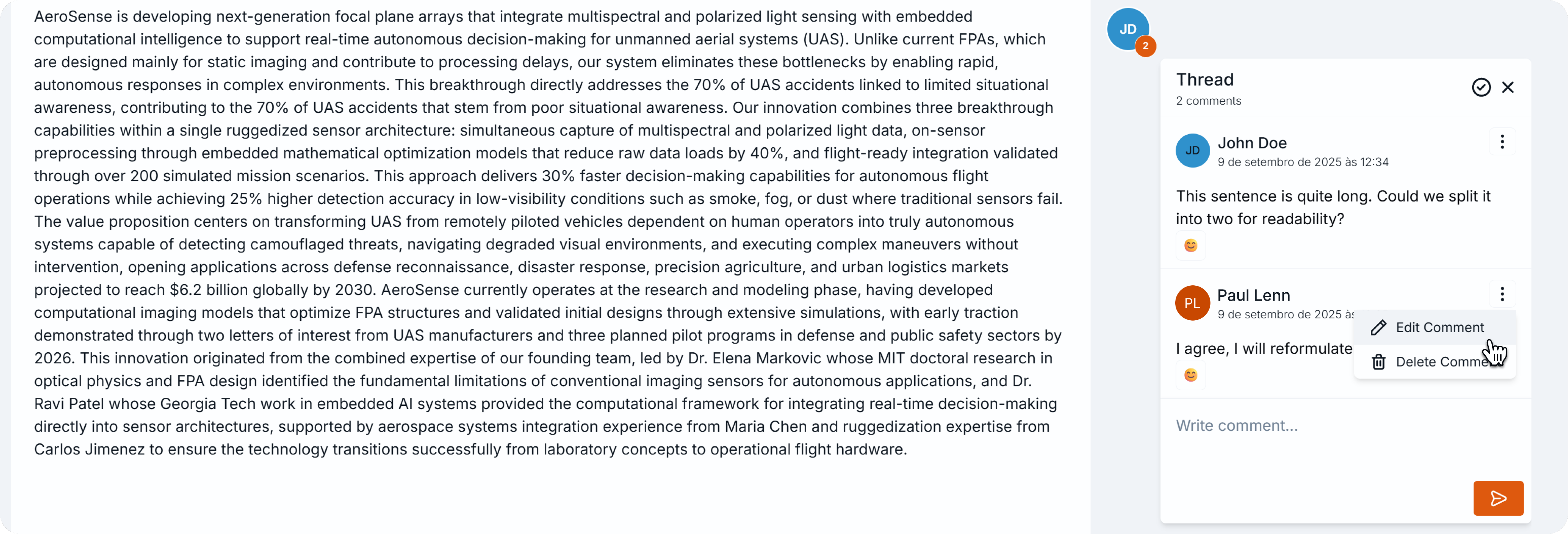 Text editor with highlighted section and an open comment thread on the right, showing two comments, with the cursor hovering over the menu to edit or delete a reply.