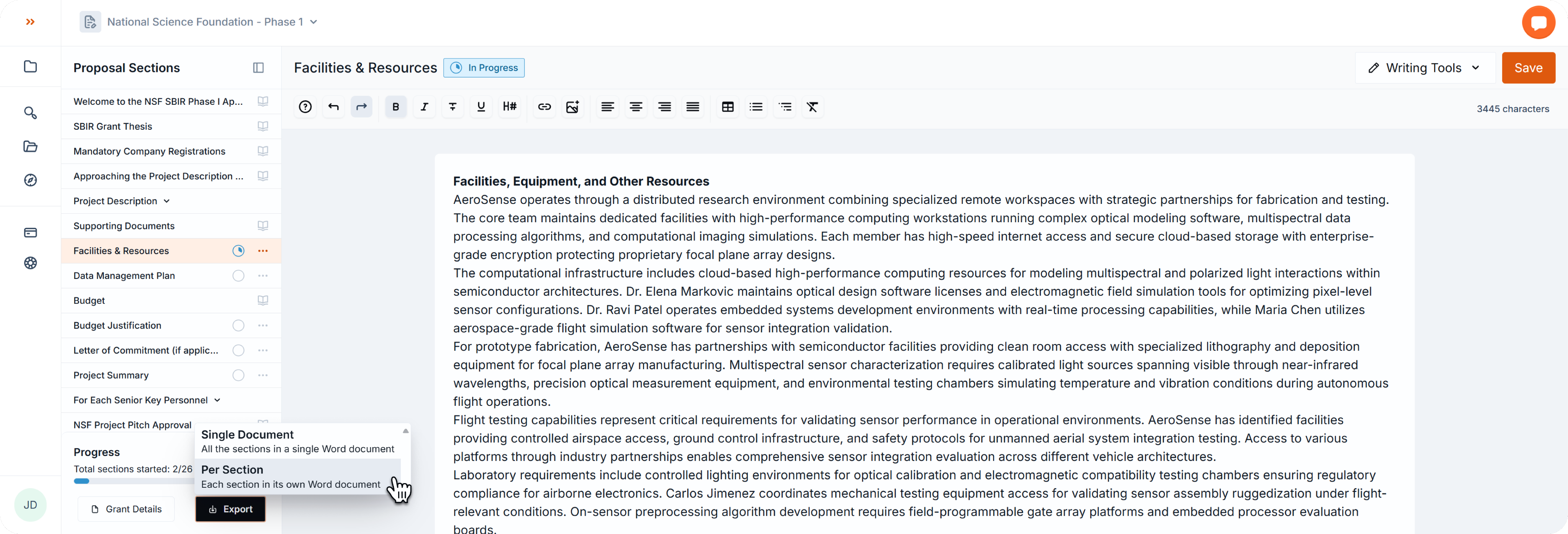 Proposal editor with the cursor hovering over the Export button in the bottom left. A tooltip shows two options: export as a single Word document or export each section as its own Word document.