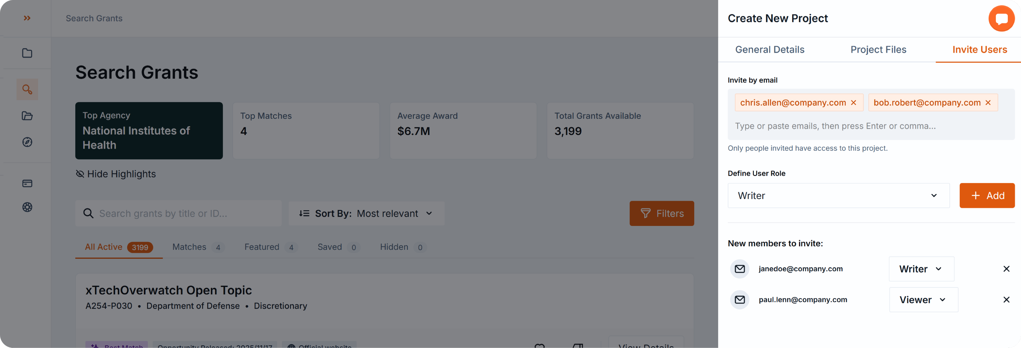 New project drawer, Invite Users tab, with fields to add emails, assign user roles, and invite team members.