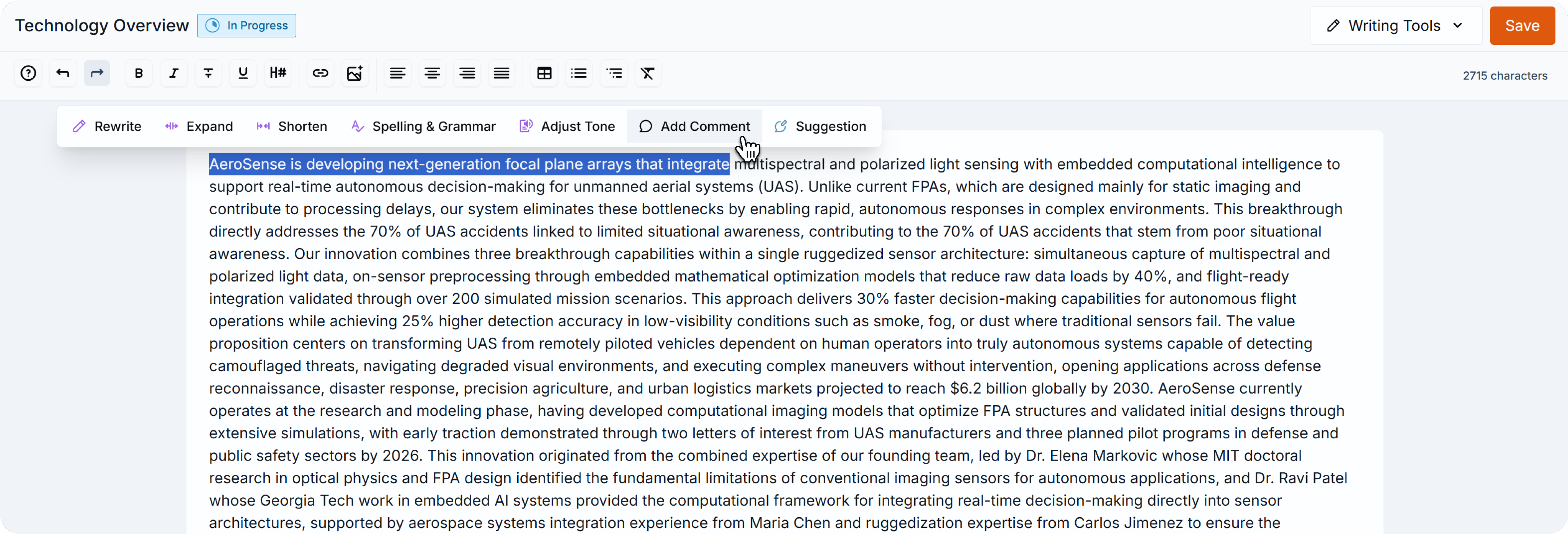 Text editor with highlighted text and the toolbar visible, cursor hovering over the Add Comment button.