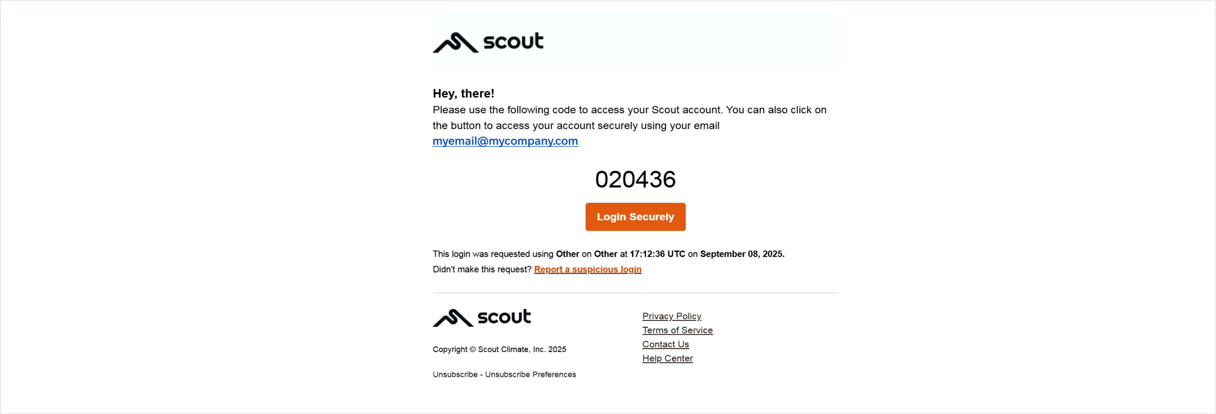 Verification email from Scout with a one-time code and a button to log in securely.