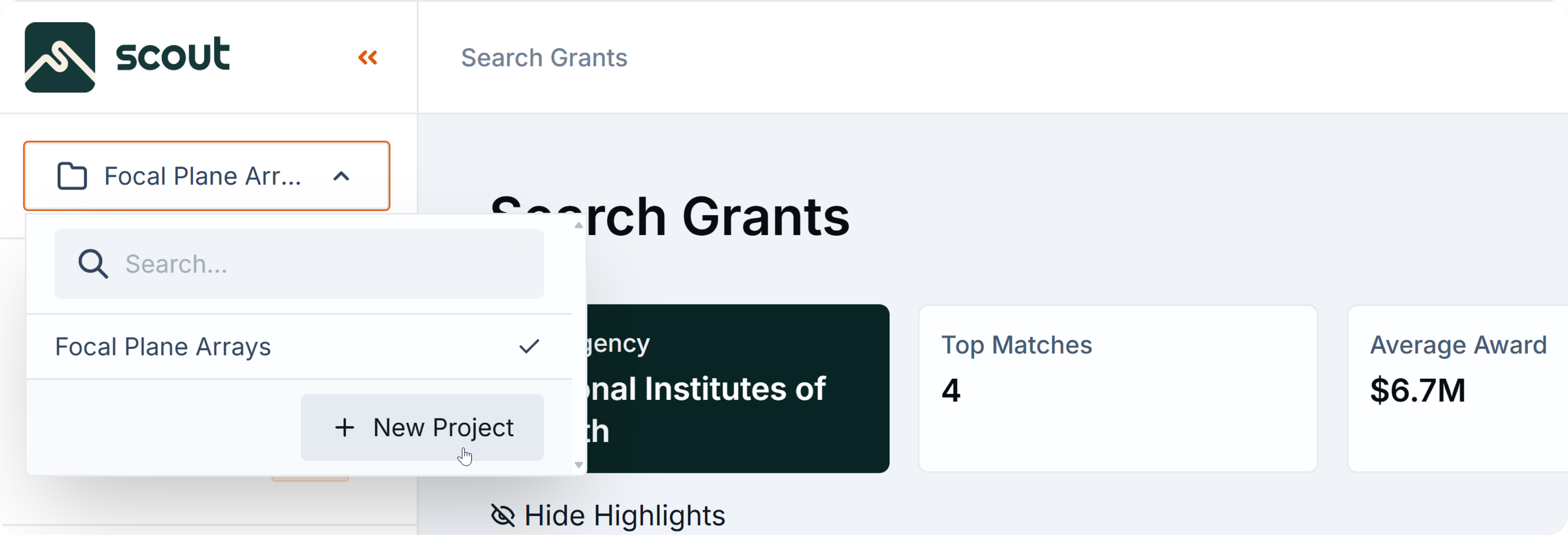 Grant search page showing project selection dropdown with options to switch projects or create a new one.