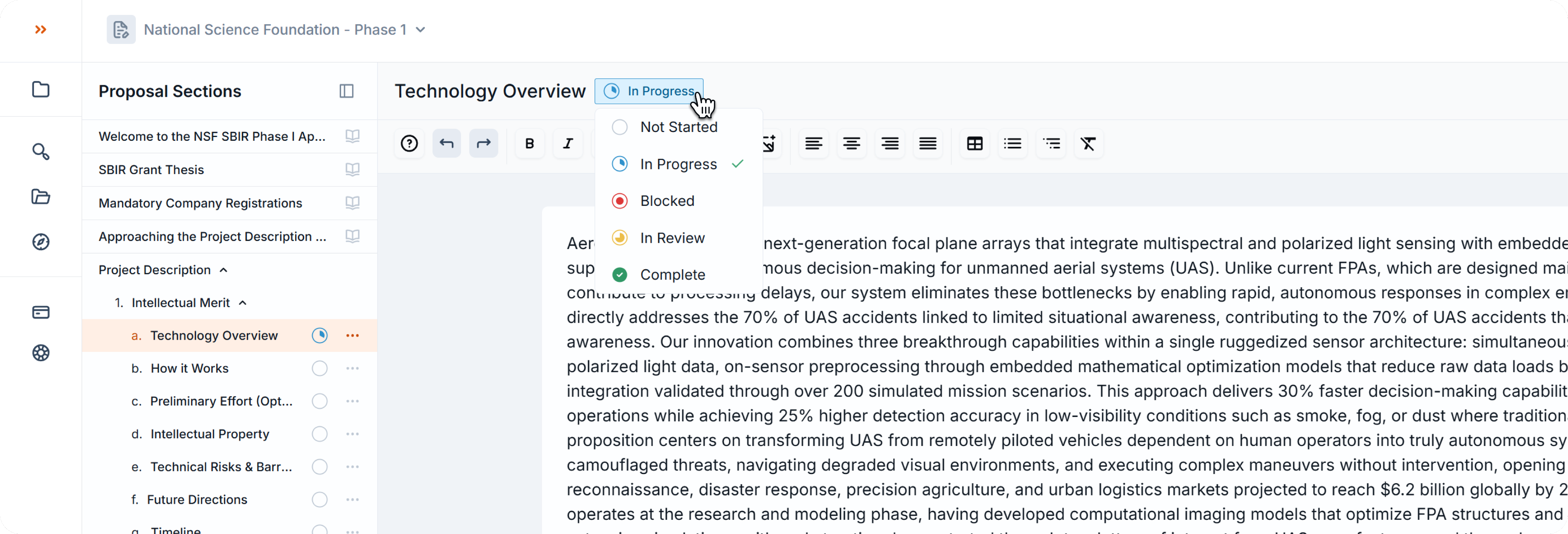 Proposal editor with the cursor hovering over the In Progress status badge in the section header, showing a dropdown menu with options: Not Started, In Progress, Blocked, In Review, and Complete.
