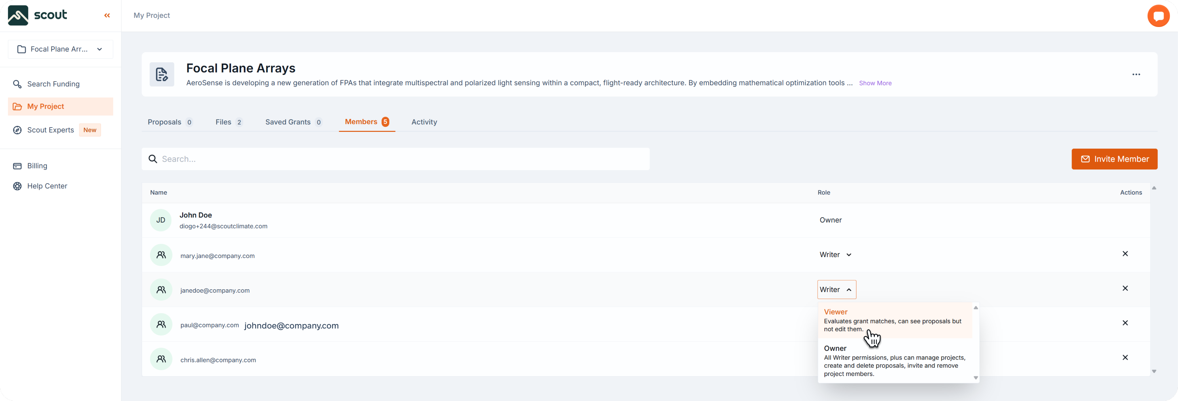 Members tab with cursor on the role dropdown, showing permission options Viewer and Owner.