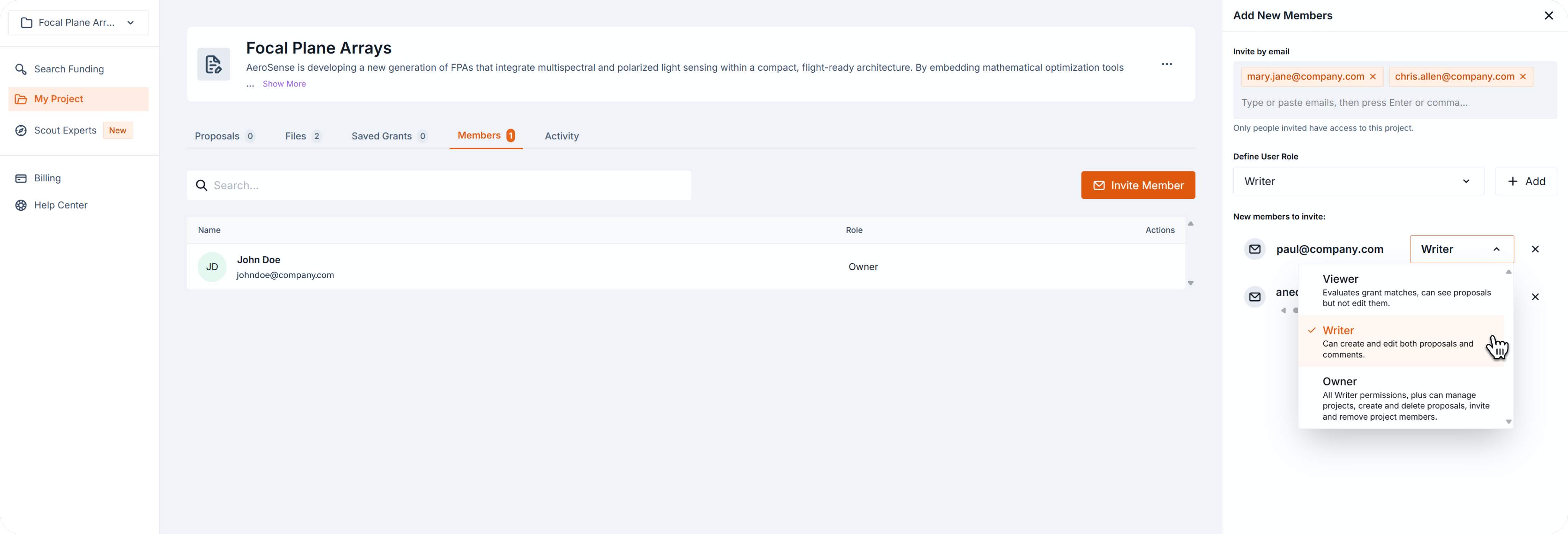 Add New Members drawer with cursor on the role dropdown for a new member, showing permission options Viewer, Writer, and Owner.
