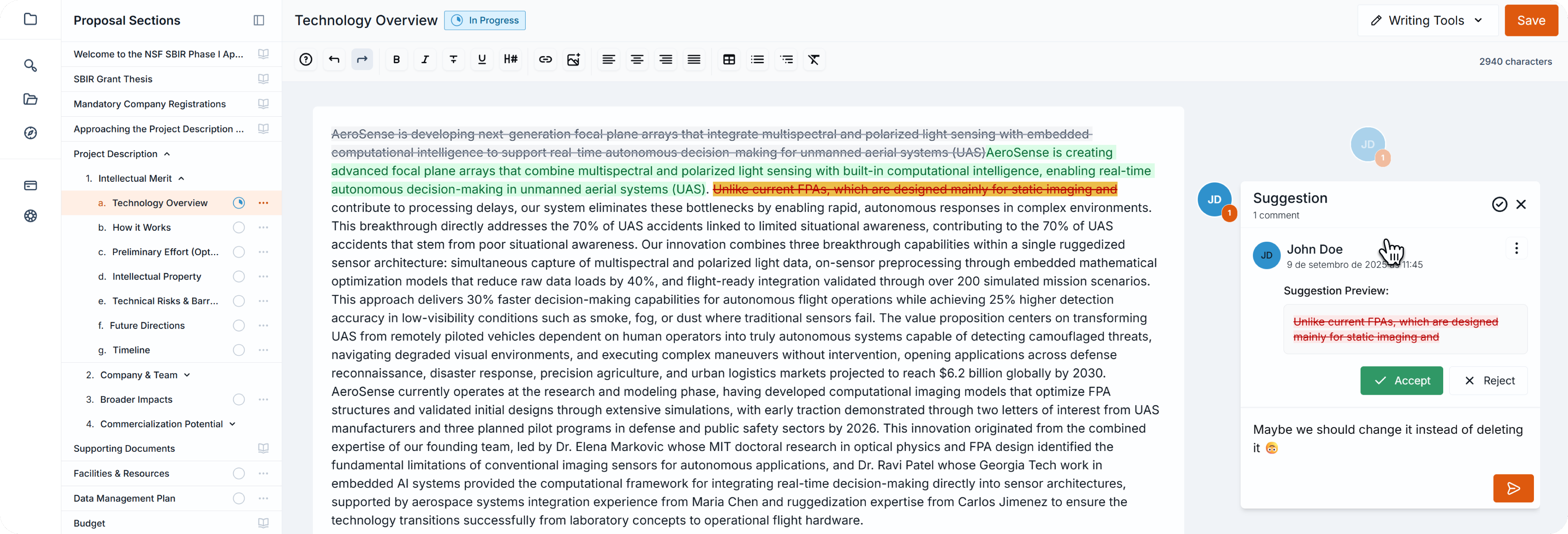 Text editor with tracked changes, Suggestion panel open on the right, cursor hovering over a suggested edit with options to accept or reject.