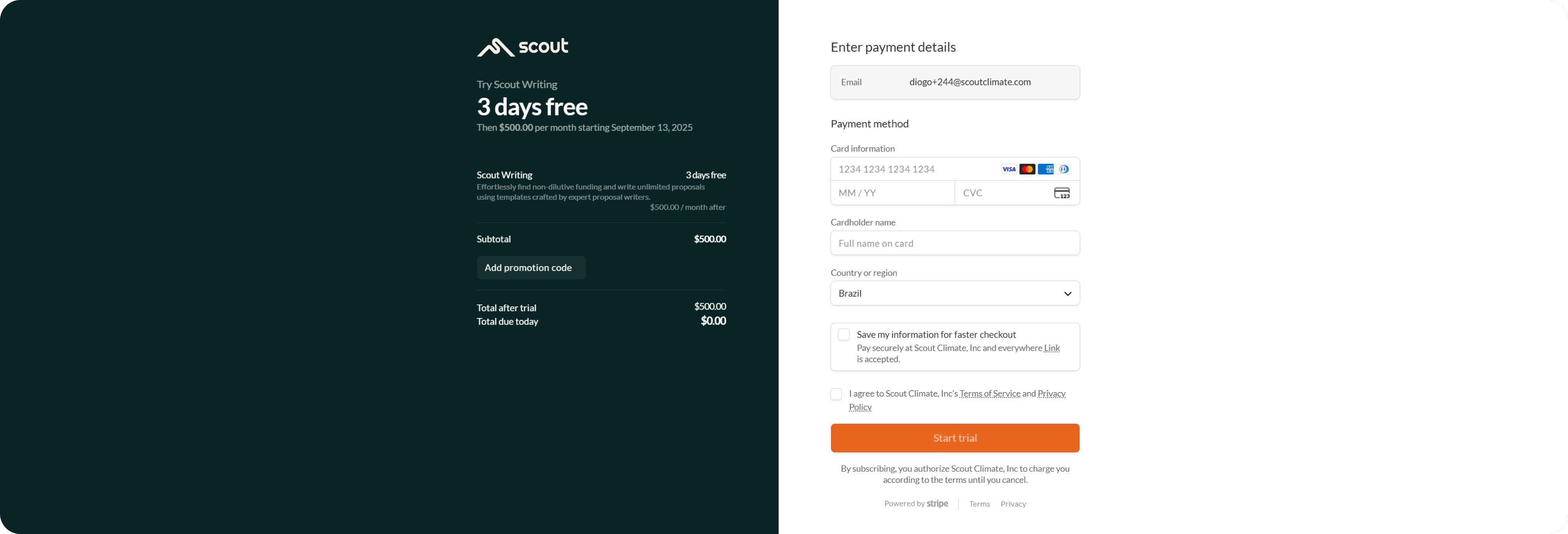 Stripe checkout page for Scout Writing plan. The left side shows plan details with a 3-day free trial before $500/month. The right side shows the payment form with fields for email, card details, country, and agreement checkboxes, plus a Start Trial button.