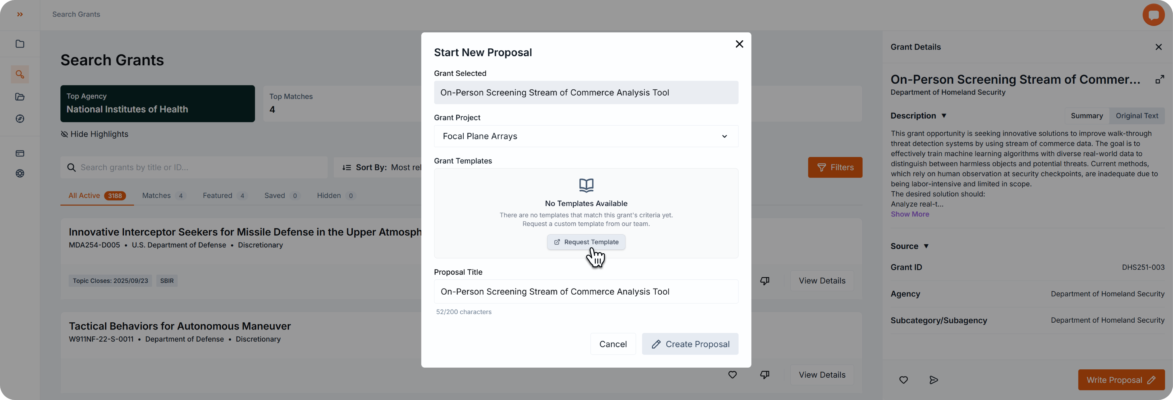 Start New Proposal modal open in the Search Grants page. A message says No Templates Available, with the cursor hovering over the Request Template button.