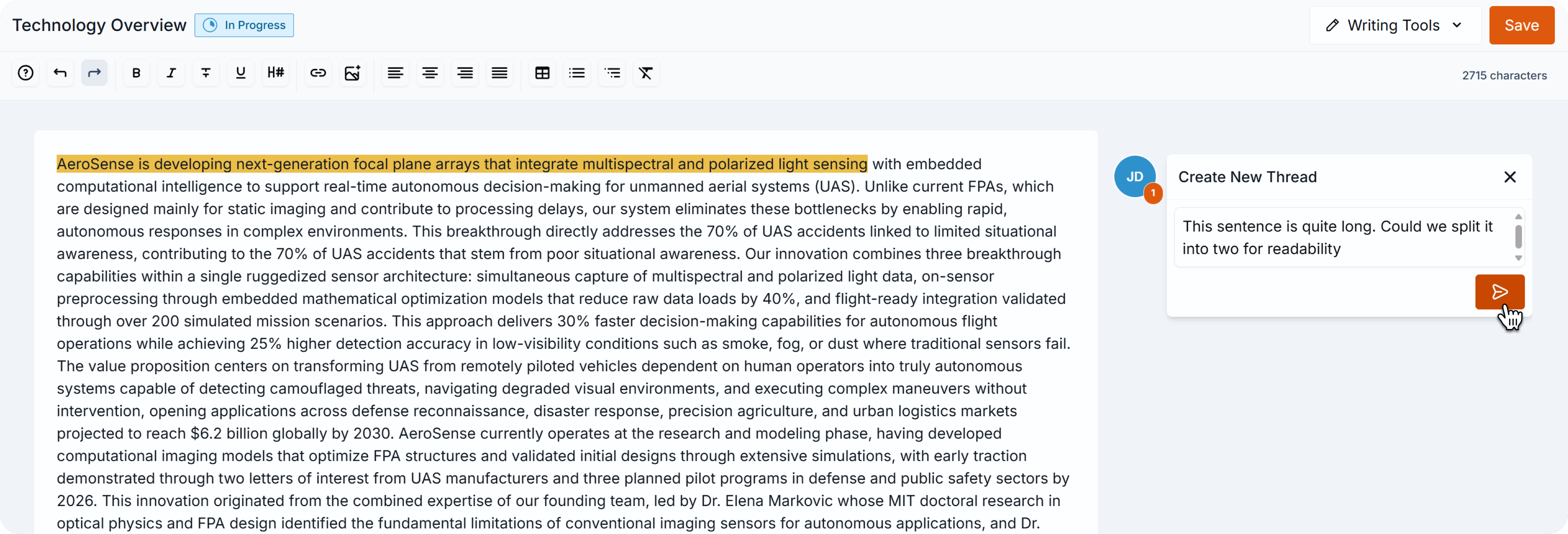 Text editor with a highlighted section and a comment thread panel open on the right, showing a new comment being added.