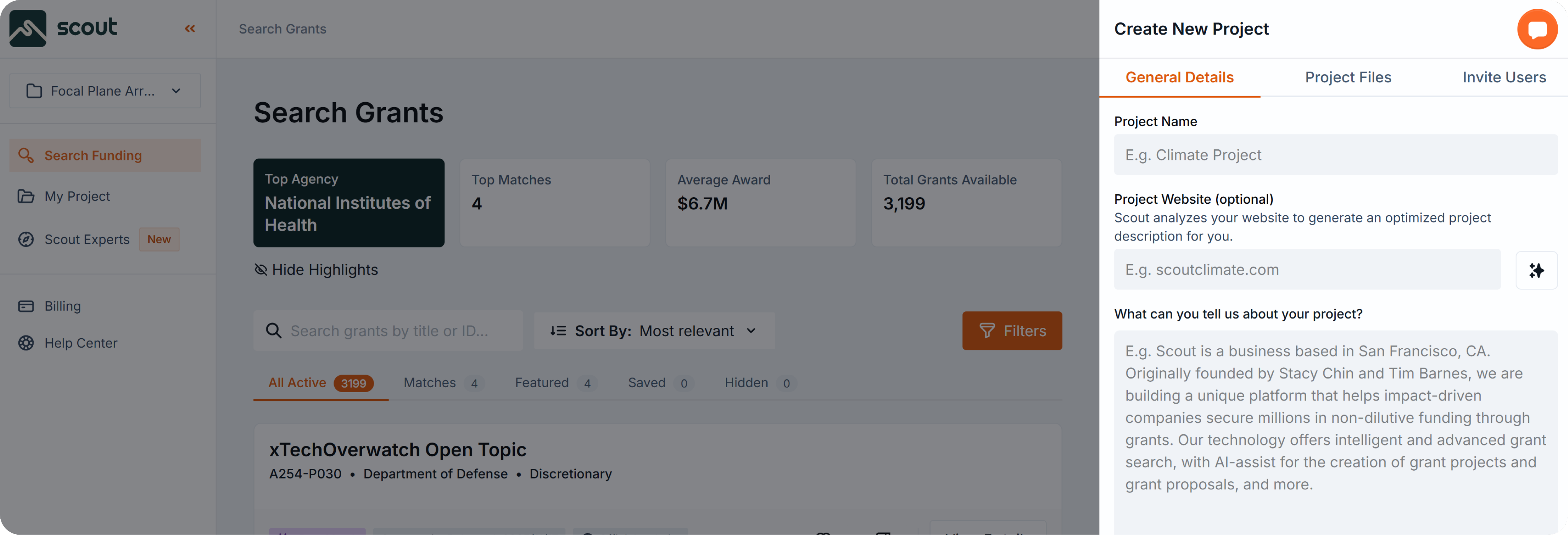 New project drawer with fields for project name, optional project website, and project description.