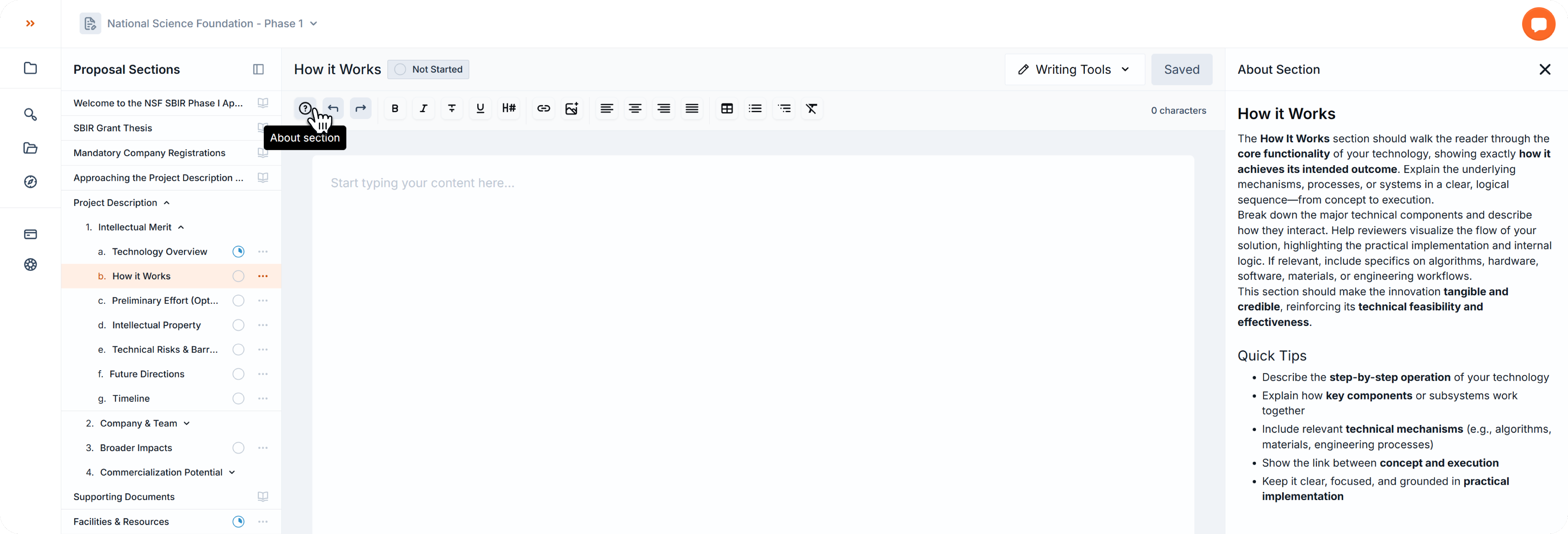 Proposal editor with the cursor hovering over the About Section button in the toolbar. The About Section drawer is open on the right, showing guidance and quick tips for the How it Works section.