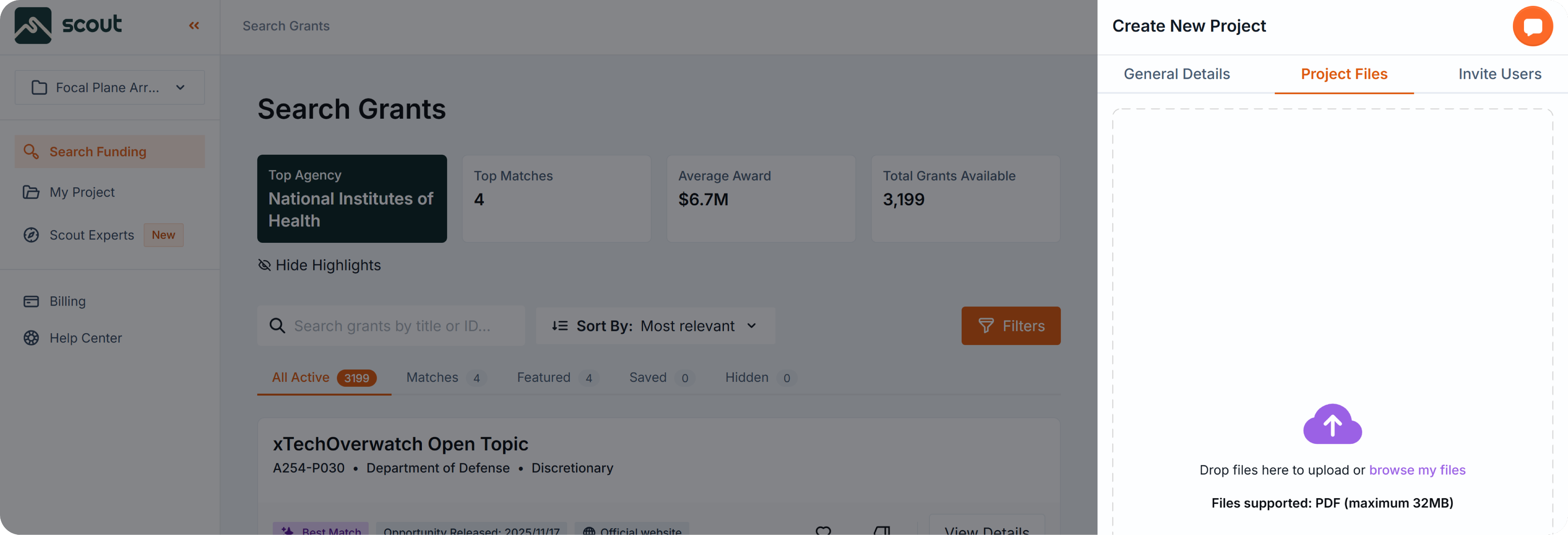 New project drawer, Project Files tab, with option to upload PDF files up to 32MB.