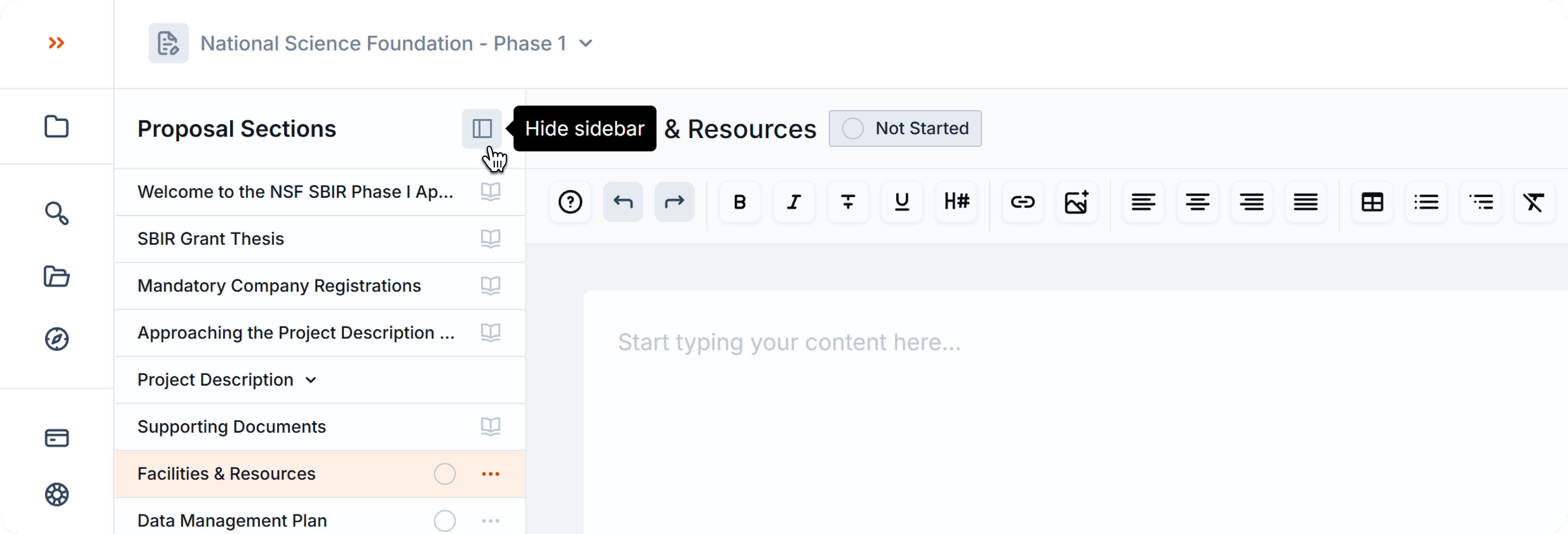Proposal editor showing the Proposal Sections panel on the left. Cursor is hovering over the Hide Sidebar button, with tooltip visible.