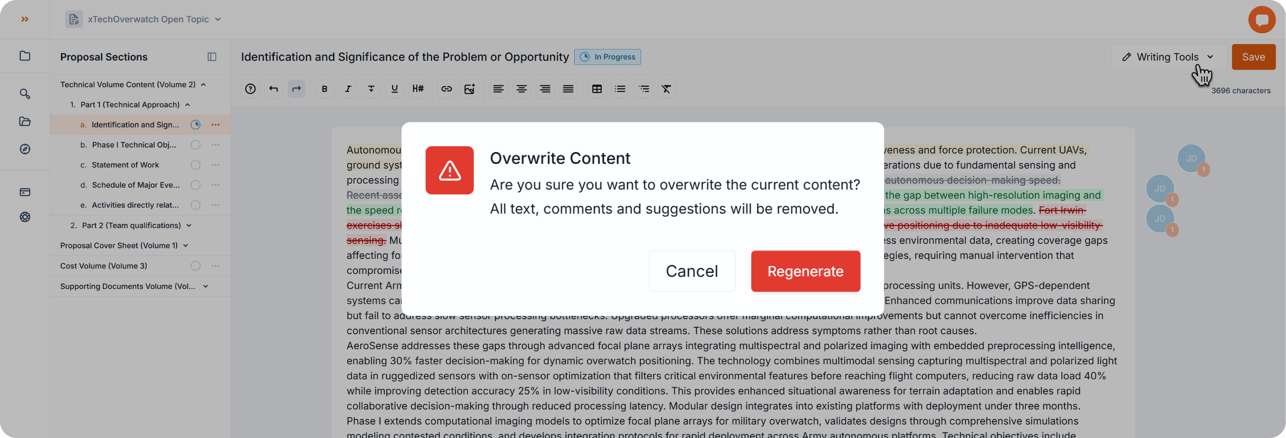 Proposal editor with an Overwrite Content confirmation dialog open, warning that all text, comments, and suggestions will be removed. Options shown are Cancel and Regenerate.