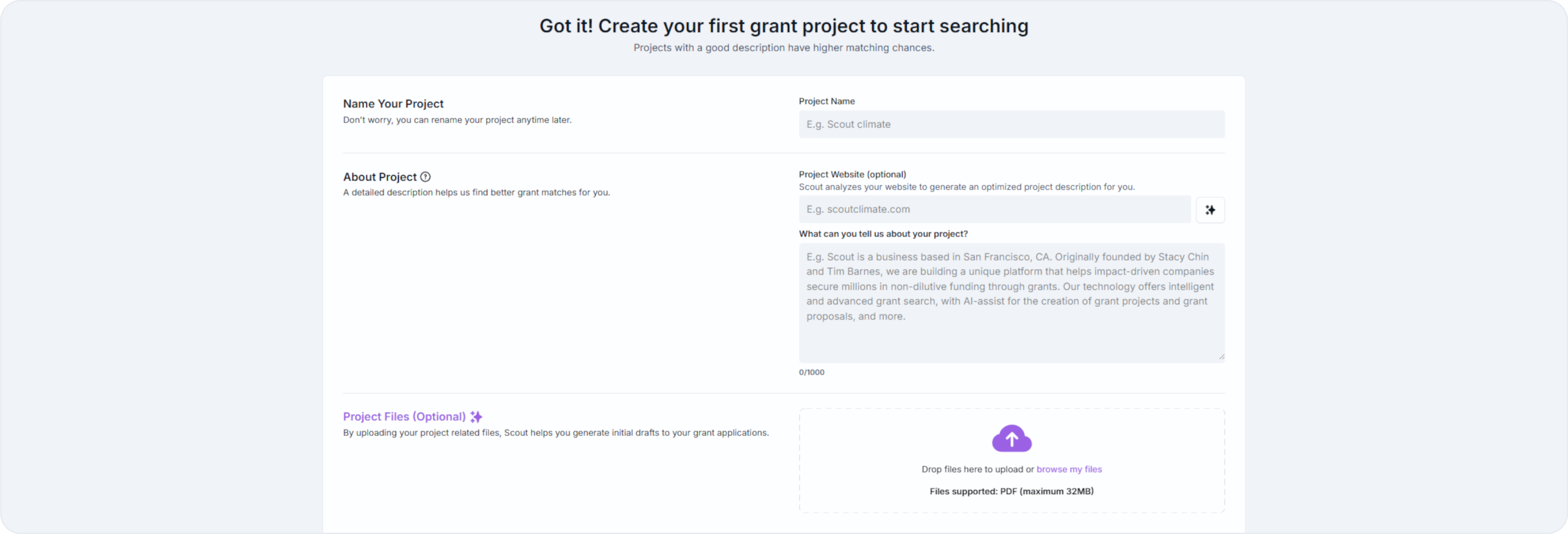 Project creation form with fields for project name, description, and focus, plus an option to upload supporting files.