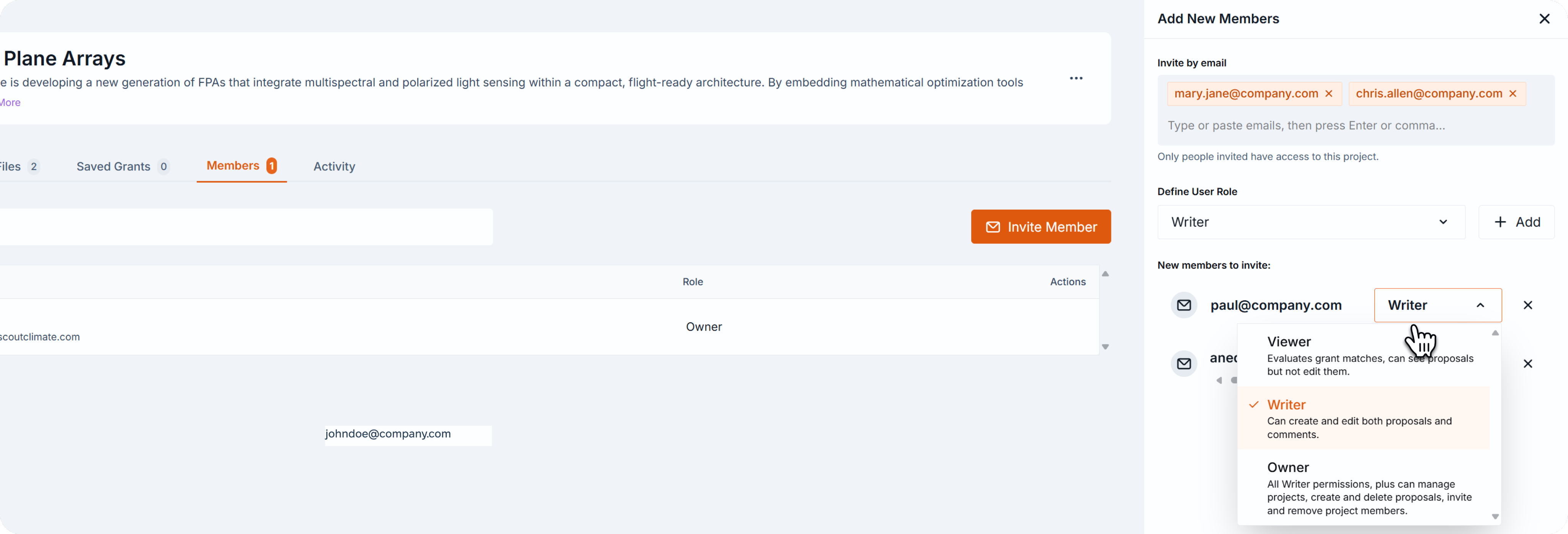 Add New Members drawer open with cursor hovering over the 'Add' button after entering emails and selecting a role.
