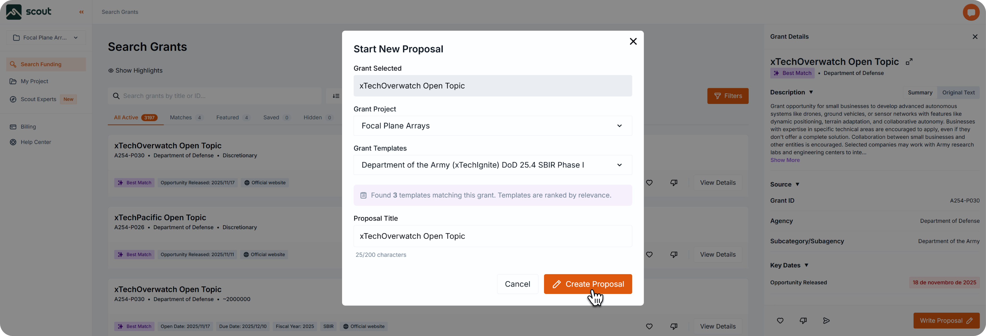Start New Proposal dialog open with fields for grant, project, template, and title, and the cursor hovering over the Create Proposal button.