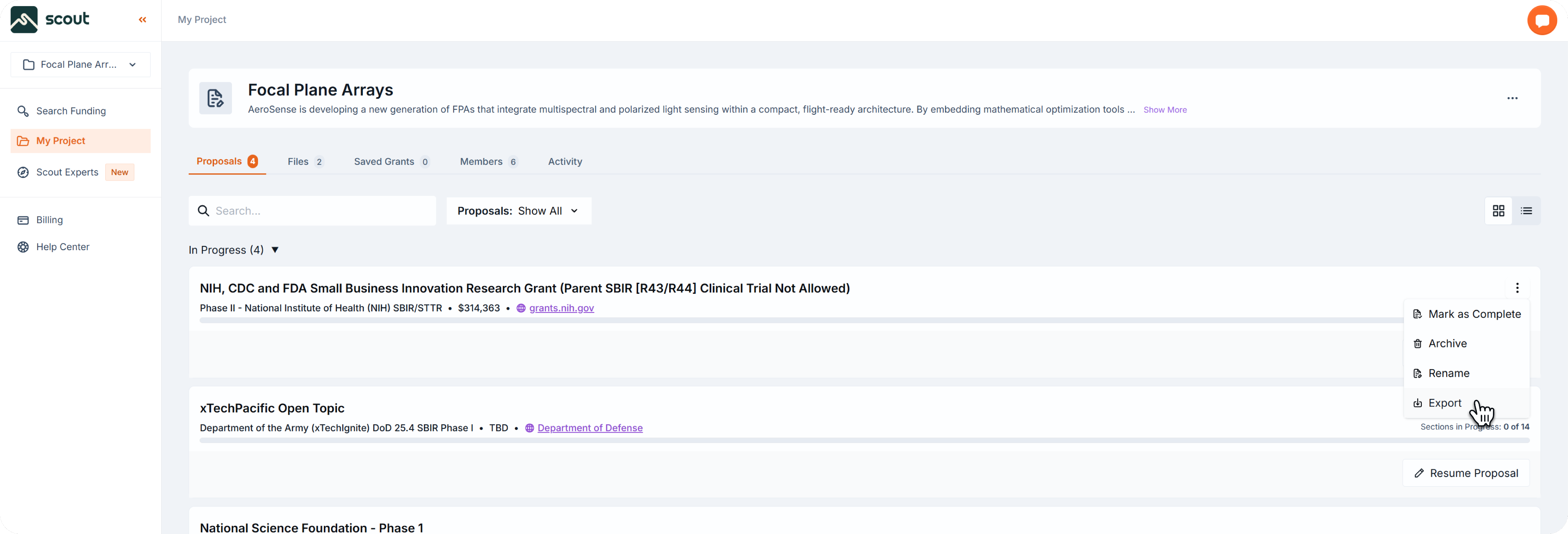My Project page showing a list of proposals. Cursor hovers over the three-dots menu of a proposal, with options visible including Mark as Complete, Archive, Rename, and Export.