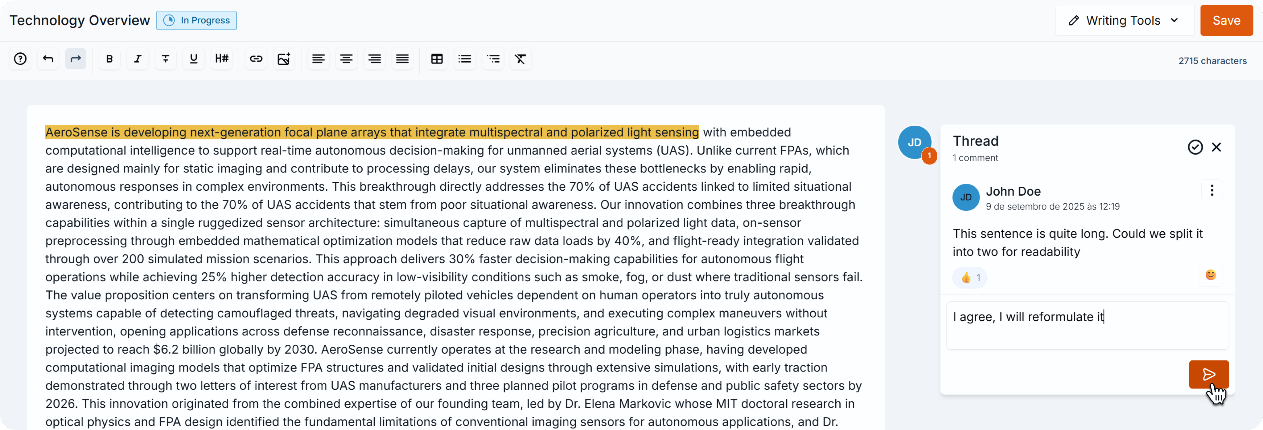 Text editor with highlighted section and an open comment thread on the right, showing a reply being typed.